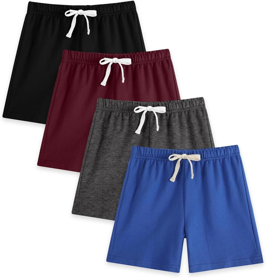 4 Pack Boys Toddler Shorts French Terry Cotton Shorts Summer Casual Elastic Waist with Drawstring for Kids(Age 6-7)
