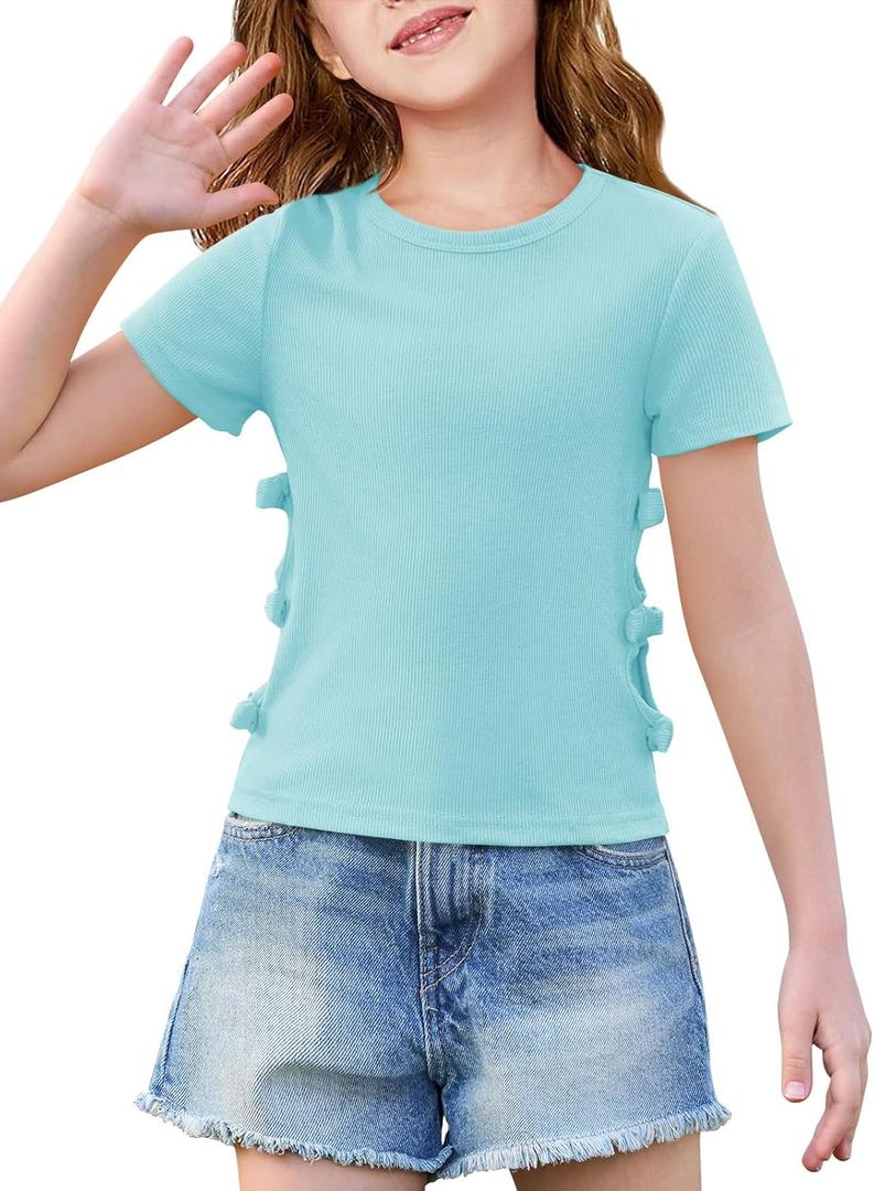 Haloumoning Girls Short Sleeve Shirts Kids Summer Casual Side Bow Knit Tops Tees 5-14 Years (Blue)