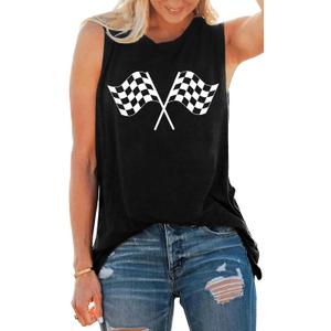 Racing Tank Tops for Women: Checkered Flag Graphic Car Shirt Race Lover Sleeveless Shirts Summer Race Day Vest (Medium, Black)