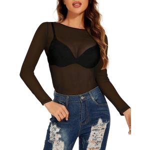 Women's Mesh Tops See Through Shirts Long Sleeve Bodycon Sheer Blouse Clubwear (Black, S)