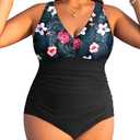 Aqua Eve Women Plus Size One Piece Swimsuits V Neck Tummy Control Bathing Suits Retro Ruched Swimwear, 26W