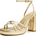 Trary Gold & White Heels - Square Toe, 3 inch Platform, Strappy & Block Heels for Wide Feet, Ankle Strap Y2k Shoes for Prom (6.5, Gold Pu)