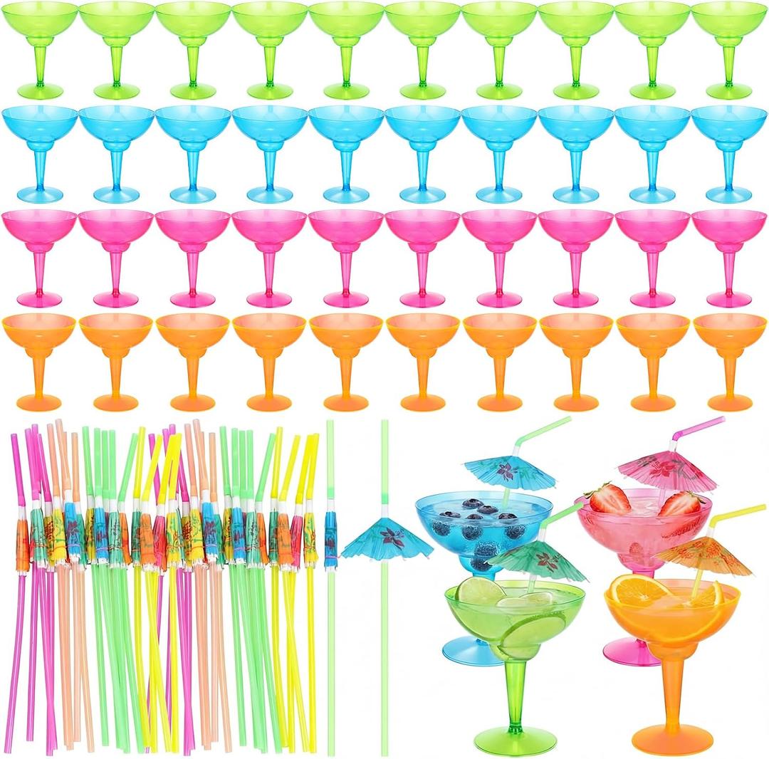 120 Pcs Plastic Margarita Glasses with Umbrella Drink Straws 60 Pcs 12 oz Disposable Margarita Cup and 60 Umbrella Straws for Cinco De Mayo Fiesta and Mexican Taco Party Supplies Summer Party Supplies