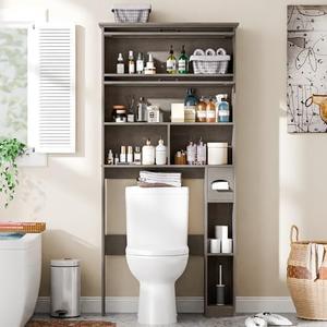 Over The Toilet Storage Cabinet with Transparent Door, Toilet Paper Storage Cabinet with Multi Layer Shelves Suitable for Bathroom, Laundry Room, Freestanding Bathroom Storage Rack,Grey