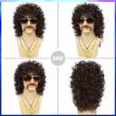 Mens Curly Wig + Glasses + Gold Chain + Peace Sign Necklace +Mustache + Wig Cap Long Curly Brown Wigs for 70s Disco Party Cosplay Costume Halloween Use6pcs Set