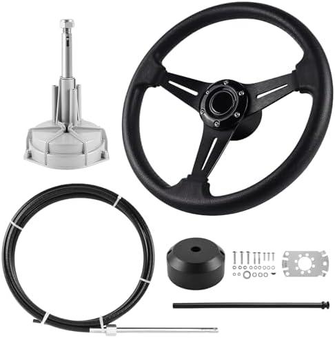 LOSCHEN Marine Steering System, 13 Feet Cable Outboard Steering Kit 3/4" Standard Tapered Shaft, Boat Steering Control Cable for Yachts, Fishing Boats and Waterborne Vehicles- with Steering Wheel