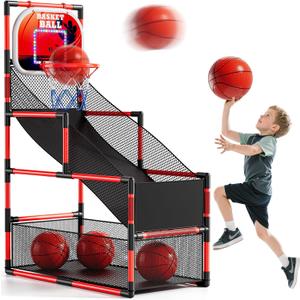 Arcade Basketball Game Set for Kids 3-12 Years Old, Kids Basketball Hoop with 4 Balls & Pump, Indoor Outdoor Sports Play Toys, Basketball Games Toys, for Boys Girls Teens (Red & Led & Scoreboard)