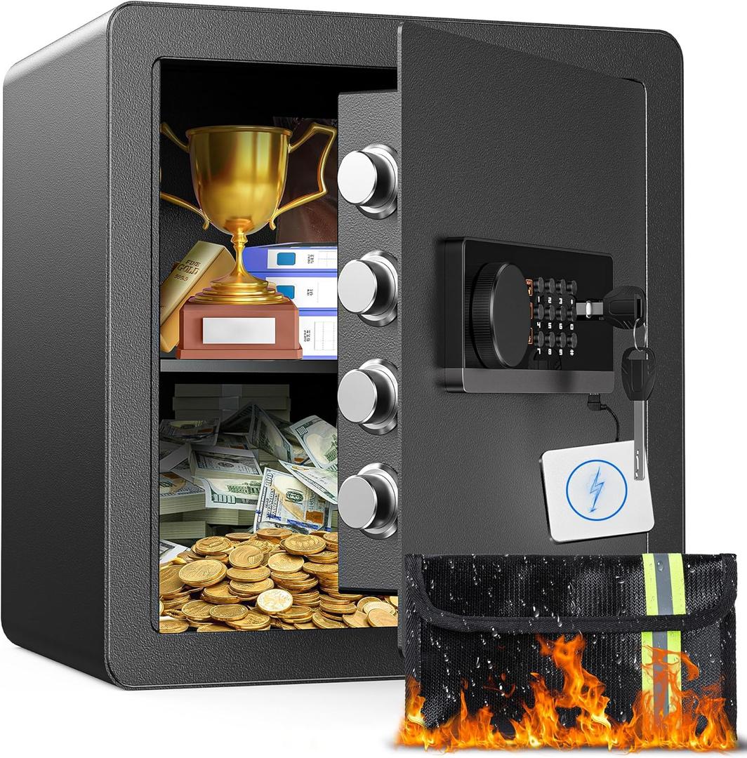 2.0 Cubic Feet Home Safe with Fireproof Money Bag, Steel Security Safe Box for Cash Document Valuables, Digital Lock Box with Electronic Keypad, Anti-theft Alarm System, Removable Shelves