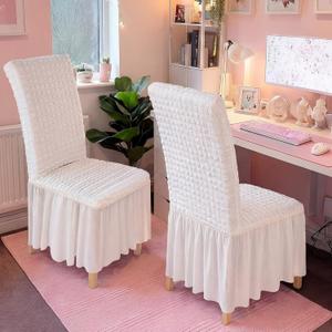 Moukeren 2 Pcs White Dorm Room Stretch Slipcovers Chair Cover with Skirt Super Fit Chair Seat Protector Cover for Dorm, Dining Room, Hotel, Ceremony