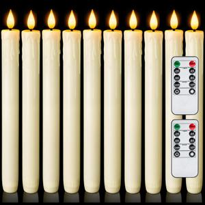 Homemory 12 Pcs Real Wax Flameless Taper Candles with Remote Timer and Dimmer, Battery Operated Candlesticks with Flickering Light, Ivory Window Candles, 9.6 Inches for Wedding Home Decor