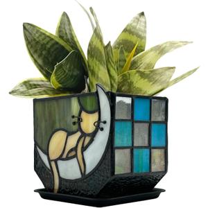 Tiffany Stained Glass Fun Moon Sleeping Cat Planter，Cactus Planter，Cute Planters for Indoor Plants,Decorative Flower Pots As Gifts for Cat Lovers，4.6x3x5.15 in