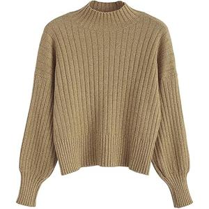 ZAFUL Women's Mock Neck Sweater Long Sleeve Ribbed Knit Basic Cropped Pullover Sweater (4-Khaki)