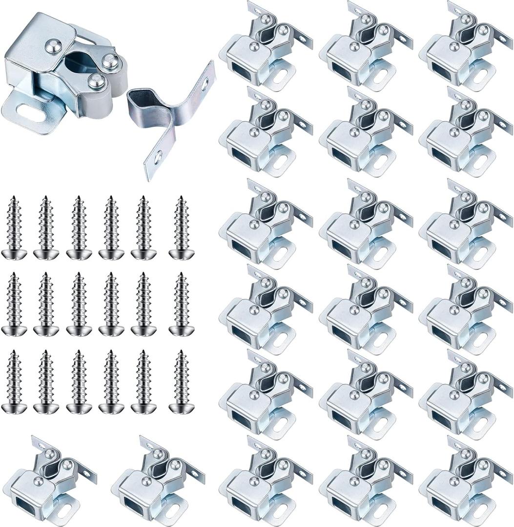 Bonuci 30 Pcs Cabinet Door Latch and Catch Hardware Double Roller Catch Cabinet Latches with Spear Strike for Closet Doors Kitchen (Silver)
