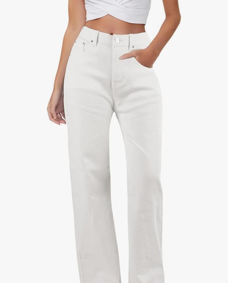 Baggy Stretchy Jeans for Women High Waisted Trendy Wide Leg Jeans Boyfriend Denim Pants with Patch Pockets Size S