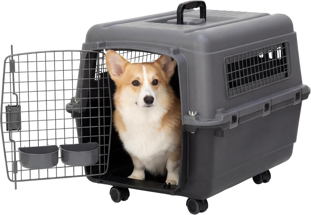 SportPet Airline Compliant MEDIUM 26.5" Travel Dog Kennel-Durable Plastic Airline Pet Carrier w/ Removable Wheels & Food Bowls, Collapsible Indoor/Outdoor Dog Kennel, Dogs up to 23"L & 15"H-Dark Gray