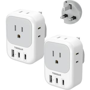 US to UK Plug Adapter 2 Pack, TESSAN Type G Adapter for Travel with 4 Outlets 3 USB (2 USB-C), Power Adaptor for US to UK Ireland London Scotland Kenya Dubai Singapore Hong Kong