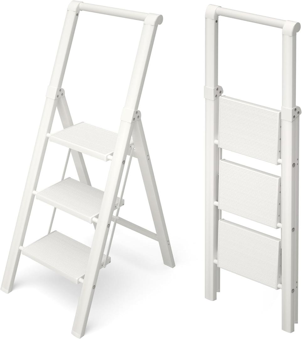 HillhutApex 3 Step Foldable Aluminum Step Ladder with Handgrip, Anti-Slip Pedal, 330 lbs Capacity, Lightweight & Portable for Home, Kitchen, Office, Garage (White)