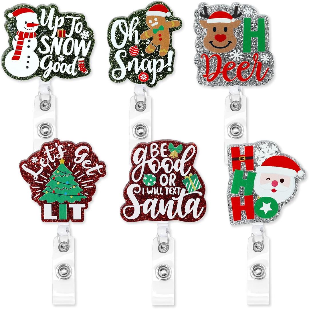 Xylolfsty 6PCS Funny Christmas Badge Reels Acrylic Retractable Nurse Badge Holder with Alligator Clip Glitter Reindeer Snowman Gingerbread Christmas Tree Cute Badge Reel for Nurse Student Teacher Gift