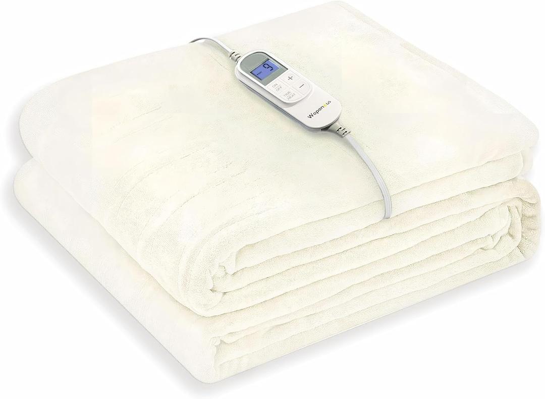 Wapaneus Heated Blanket Electric Twin Size 62"x84" with 10 Heating Levels 12 Timer Settings 8 Hours Auto-Shut Off,Flannel Fast-Heating Electric Blanket,ETL Listed Machine Washable,Ivory