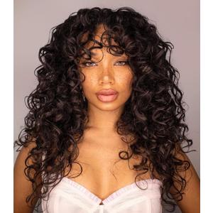 GKtineke-Curly-Wig Big-Curly-Wigs-for-White-Black-Women 20 Inch- Long-Curly-Wig-with-Bangs Synthetic-Hair-Replacement-Wigs-for- Cosplay and Daily (Brown)