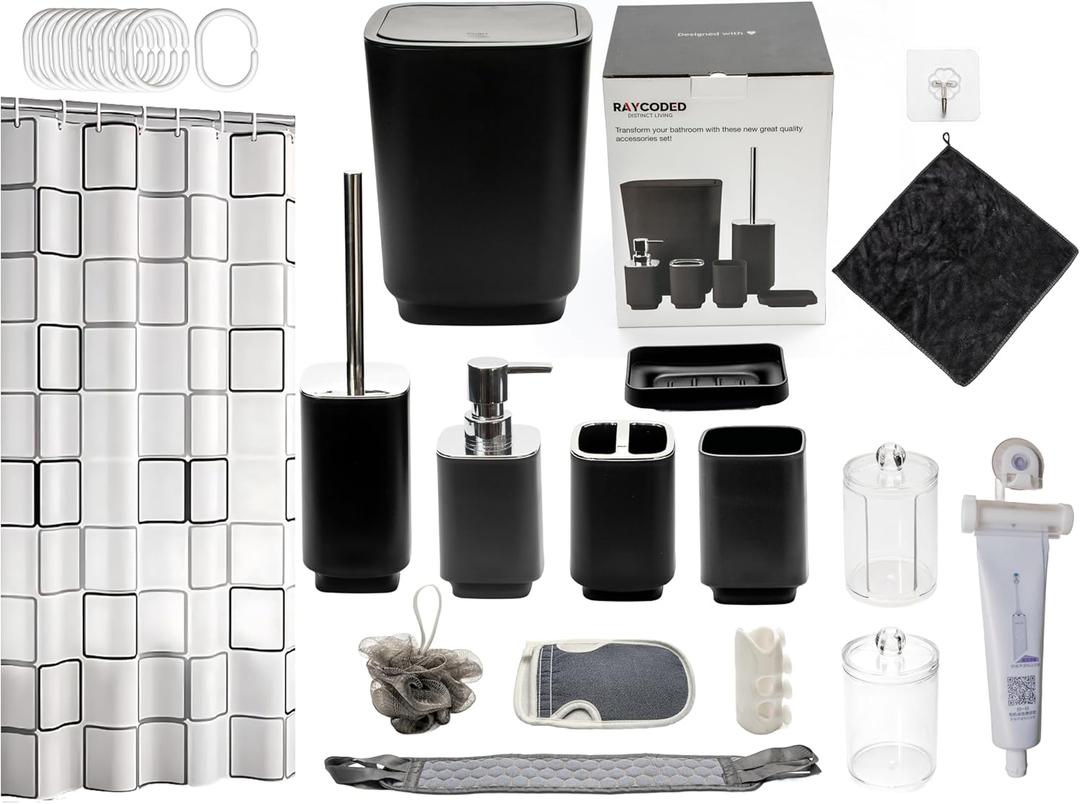 29pcs, Bathroom Accessories Set, Bathroom Accessory Set with Trash Can, Bathroom Shower Curtain Sets, Shower Curtains for Bathroom Sets, Black Restroom Decor and Accessories