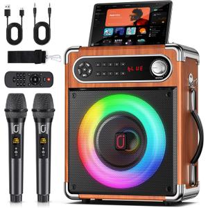 JYX Karaoke Machine, 2 Wireless Microphones, Portable Bluetooth 5.3 PA Speaker with Disco Lights, Smart TV Compatible, Upgraded Subwoofer, Bass Boost & Echo, TF/USB/AUX/FM, Home & Outdoor Party (Wood)