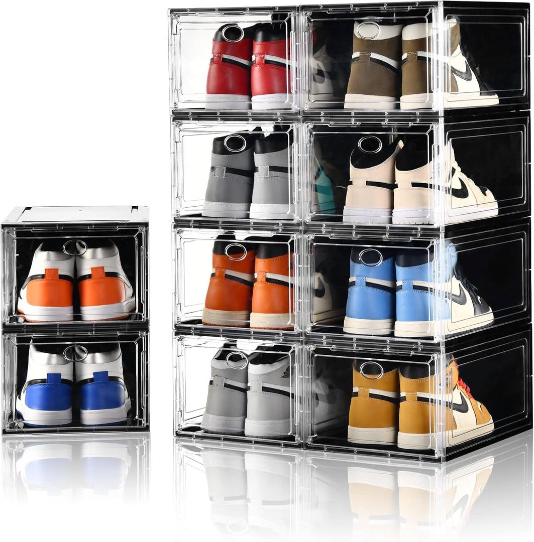 10 Pack Shoe Boxes Stackable,Upgraded Sturdy Storage Boxes with Clear Magnetic Door,Multifunctional Sneaker Organizer Fit up to US Size 12 (13.8x 9.84x 7.1) (Black Clear)