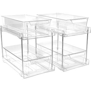 2 Pack 2-Tier Bathroom Under Sink Organizers and Storage - Clear Stackable Containers for Kitchen, Pantry, Vanity, Medicine Cabinet, Makeup, and Counter with Pull-Out Track