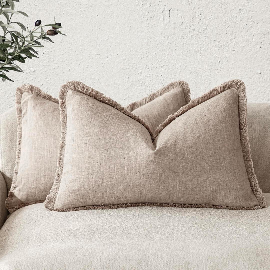 Foindtower Set of 2 Decorative Linen Fringe Lumbar Throw Pillow Covers Farmhouse Cushion Cover with Tassels Accent Pillowcase for Couch Sofa Bed Living Room Home Decor,1220 Inch,Natural Linen