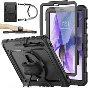 SEYMAC stock Case for Samsung Galaxy Tab S7 FE / S8 Plus 5G Case 12.4'' with Screen Protector Pencil Holder [360 Rotating Hand Strap] &Stand, Drop-Proof, Black