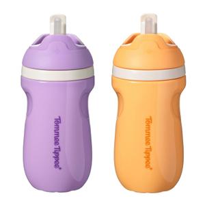 Tommee Tippee Insulated Sporty Spill-Proof Straw Cup, 12 Months+, 9oz, Toddler Training Sippy Cup, Sporty Carry Handle, Bite Resistant Spout, Flip Lid Keeps Straw Clean, Pack of 2, Purple and Orange (9 Ounces (Pack of 2), Purple/Orange)