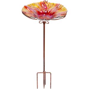 MUMTOP 26 Inch Height Glass Birdbath Birdfeeder with Metal Stake Garden Outdoor Red