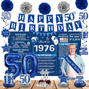 Crenics Blue 50th Birthday Decorations for Men Women - Back in 1976 Backdrop, Banner, Swirls, Centerpieces, Sash, Paper Pom Poms, Cake Topper and Balloons for 50 Birthday Party Supplies