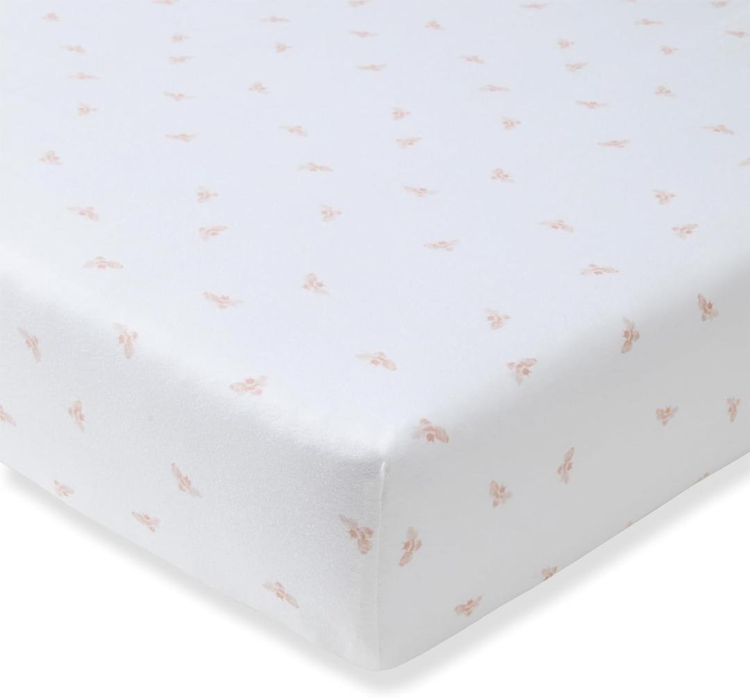 Burt's Bees Baby Essential Organic Cotton Fitted Crib Sheet, Breathable for Boy Girl Standard Crib & Toddler Mattresses (1-Pack, Pink Golden Bee)