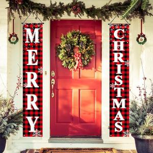 Christmas Decorations Merry Christmas Banner with 2 Pcs Bell Pendants, Xmas Porch Door Welcome Sign, Indoor Outdoor Wall Hanging Decor for Home Party Holiday Supplies