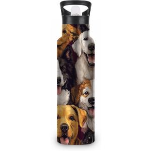 Cute Dog Insulated Water Bottle with Straw 20 oz,Pet Faces Stainless Steel Leak Resistant Double Wall Water Bottles with Handle for Gym Sports Travel Outdoor