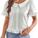 SweatyRocks Women's Ruffle Short Sleeve Button Front Blouse V Neck Collar Business Shirt (Medium, White)