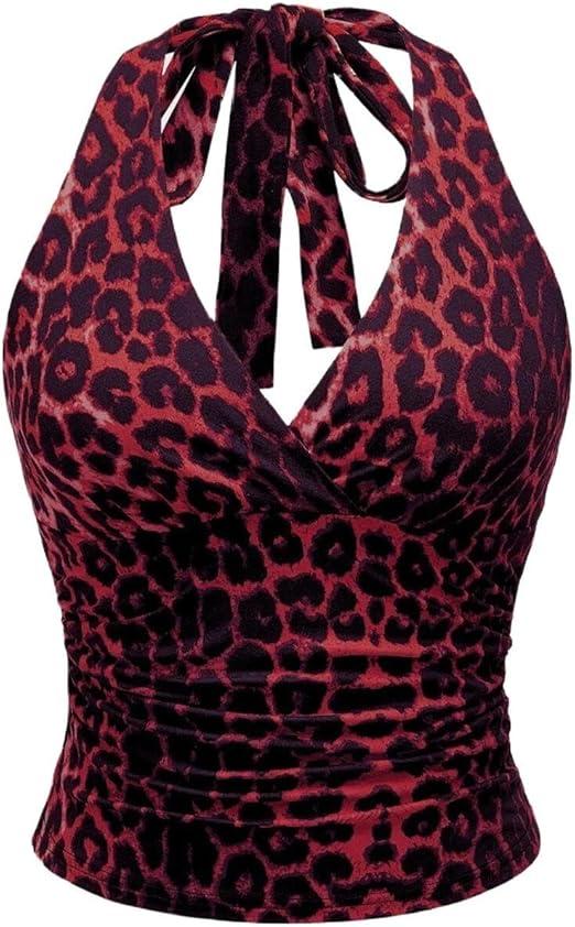 Women Sexy Leopard Print Tie Back Halter Crop Top Y2K Grunge Sleeveless Plunge V Neck Backless Ruched Cami Shirts M