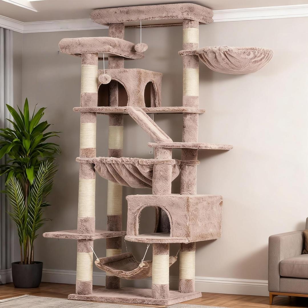 Heybly Cat Tree, 71-Inch-Tall Tower for Indoor Cats with 2 Perches, 2 Big Condos, 2 Hammocks, Basket, Scratching Pad, Large Cat Furniture and Condo, Mushroom HCT034MU (Muchroom)