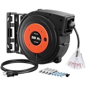 DEWENWILS Retractable Extension Cord Reel, 50 FT Heavy Duty Power Cord, 14AWG/3C SJTOW, 3 Grounded Outlets Lighted Triple Tap, 13 Amp Circuit Breaker, UL Listed