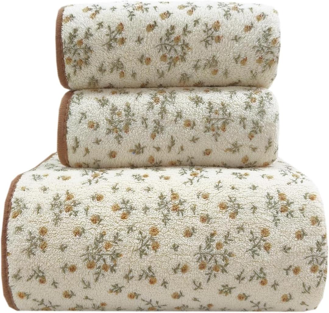 USTIDE 3 Piece Bath Towel Set, Soft Coral Fleece Bathroom Towels with Vintage Floral Print - Includes 1 Bath Towel & 2 Hand Towels, Highly Absorbent & Decorative, White