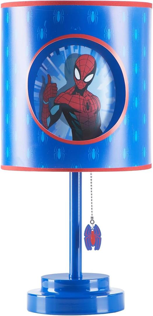 Marvel Spider-Man Table Lamp,2-Layer Cut Out Shade with Themed Print, Stick Lamp with Figural Pull Chain for Kids Bedroom or Playroom Decor