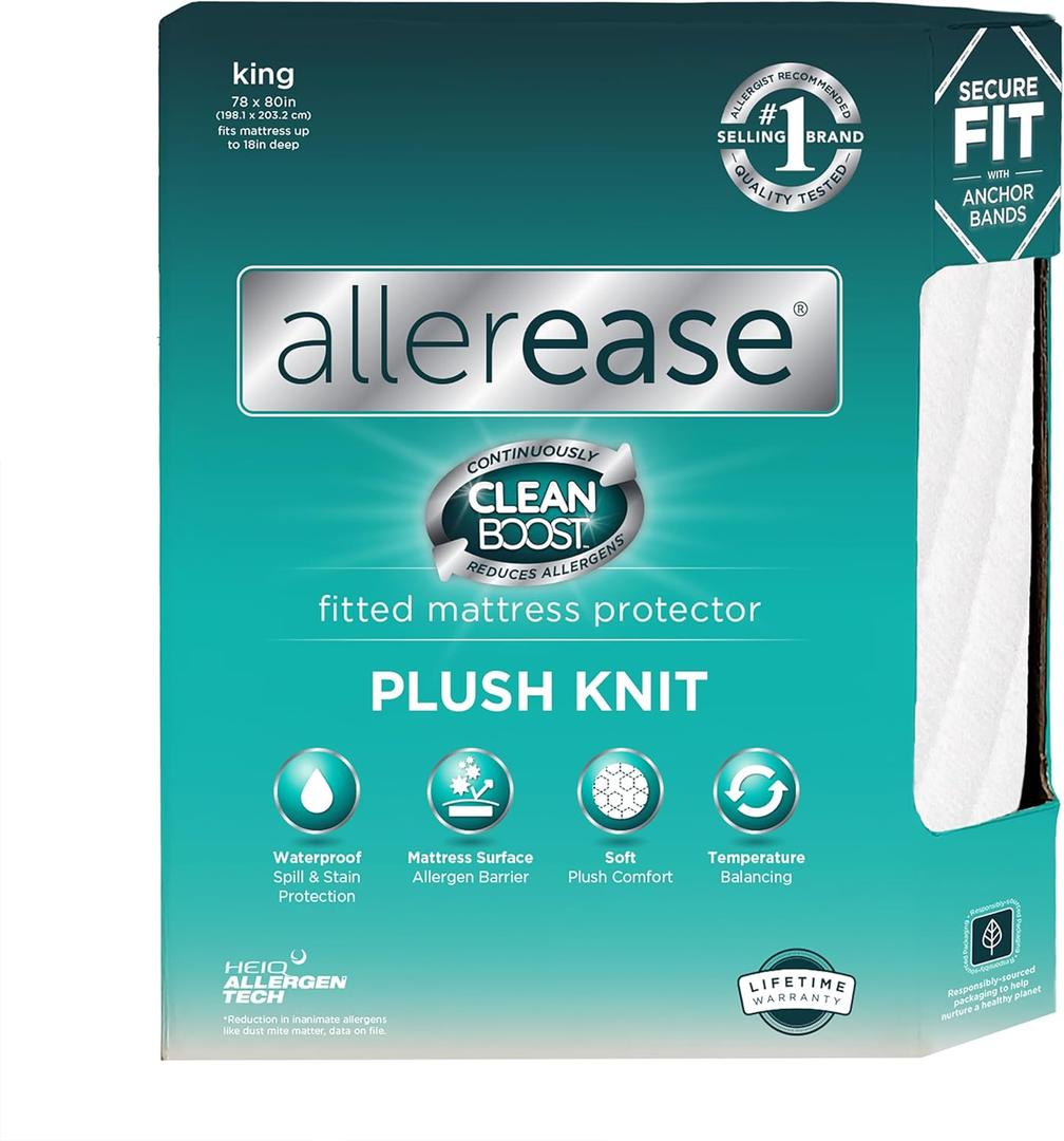 AllerEase CleanBoost Plush Knit Soft Waterproof Mattress Protector King Size Allergen Barrier Temperature Balancing Machine Washable Mattress Cover with Elastic Anchor Bands Mattress Cover (White)