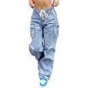 AprPith Mid Rise Cargo Jeans Women Elastic Waist Stretch Wide Leg Denim Pants with Pockets Baggy Streetwear Pants y2k Light Blue L
