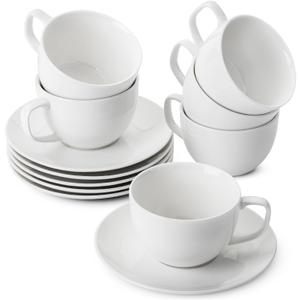 BTaT Porcelain Tea Cups and Saucers - 6oz, Set of 6, White Cup & Saucer Set