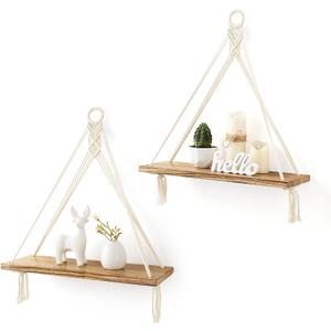 Mkono Macrame Hanging Shelves Boho Wall Decor Set of 2 Rustic Wood Floating Storage Shelf for Bedroom Bathroom Living Room Nursery Dorm Room, Display Shelving for Hanging Plants Photos (White)