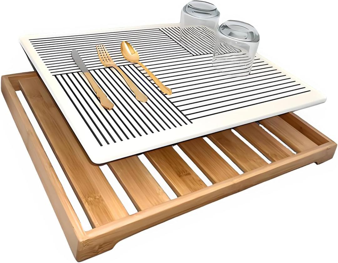 Stone Drying Mat for Kitchen Counter - Stone Drying Mat - Dish Drying Mat - Large Stone Drying Diatomaceous Earth - Stone Drying Mat with Bamboo Rack - Drying Stone - 20.7 x 16.7 Inch - Fast Drying