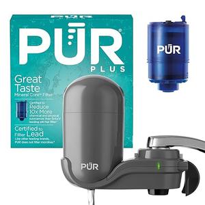 PUR Plus Vertical Faucet Mount Water Filtration System, LeadReducing Filter, GreatTasting, Easy Install, Lasts 100 Gallons, Faucet Water Filter, Compatible with Sinks with External Aerators, Chrome
