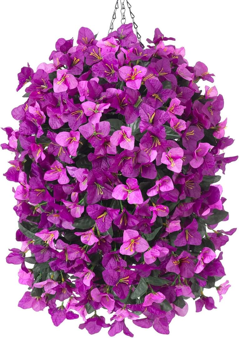 Artificial Bougainvillea Faux Flowers Plants Baskets for Outdoor Outside Decoration, 3PCS Fake Silk Flowers Long Trailing Vines UV Resistant Realistic for Front Door Porch Patio (Double Fuchsia)