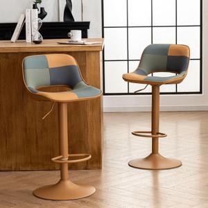 YOUNIKE Bar Stools Set of 2, Boho Colorful Patchwork Barstools, Adjustable Swivel Counter Height Bar Stool Faux Leather Upholstered Barstool with Back, Compact Bar Chair for Kitchen Island, TanGreen